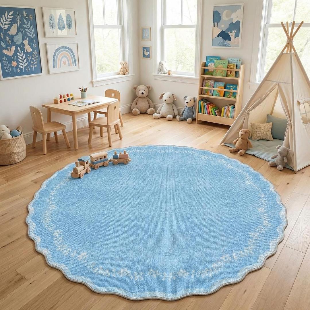 GarveeHome Round Area Rugs 6ft for Bedroom, Solid Blue Washable Circle Rug Soft Non Slip Floral Print Floor Mat Leaves Carpet Indoor Thin Rug for Living Room Dining Room Playroom Nursery