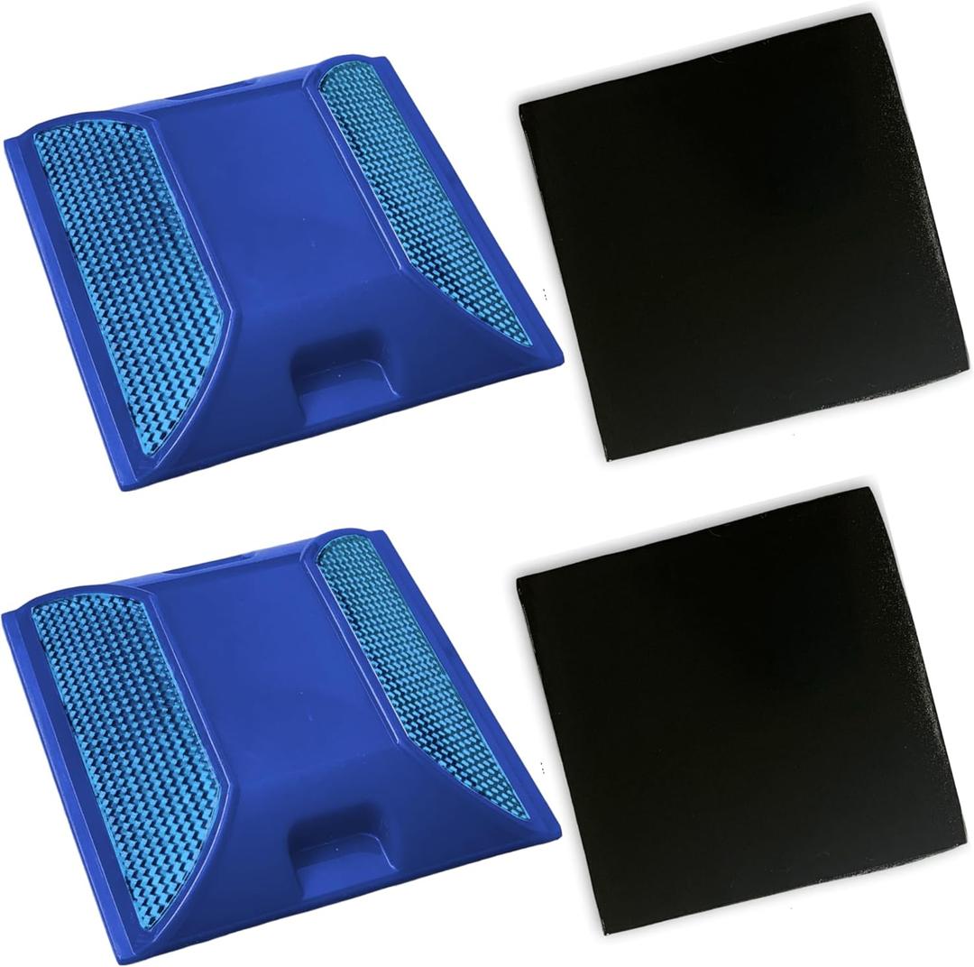 Blue Road Reflectors For Fire Hydrant Pack of 2 + Adhesive Pads | 4 by 4 inch Street Pavement & Asphalt Stud Markers | Reflecting for Speed Bumps, Sidewalks, Pedestrian Crossings, Freeways & Driveways
