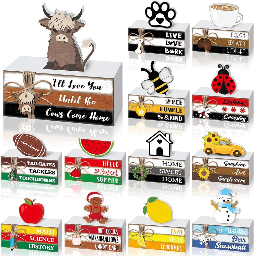 27 Pcs Interchangeable Table Decor Seasonal Bee Lemon Highland Cow Sign Farmhouse Mini Wood Book Stack Spring Summer Tiered Tray Decor for Home Office Desk Shelf Coffee Bar