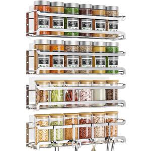 Spice Rack wall mounted 4 Pack, Space-Saving Spice Organizer for Spice Jars and Seasonings,Screw or Adhesive Hanging Spice Rack Organizer for Your Kitchen Cabinet,or Pantry Door,Chrome (Silver)