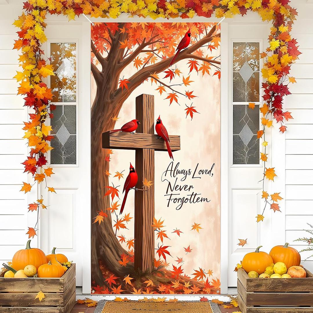 Always Loved Never Forgotten Door Cover Decorations Thanksgiving Porch Sign Maple Leaves Leaf Banner Religious Cross Cardinal Bird Welcome Covers for Autumn Harvest Outdoor Christmas Holiday Supplies