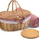 Picnic Basket with Blankets and Bamboo Plates Picnic Supplies Set Basket with Lid and Handle Wicker Picnic Basket Sturdy Woven Body with Washable Lining for Camping(Red)