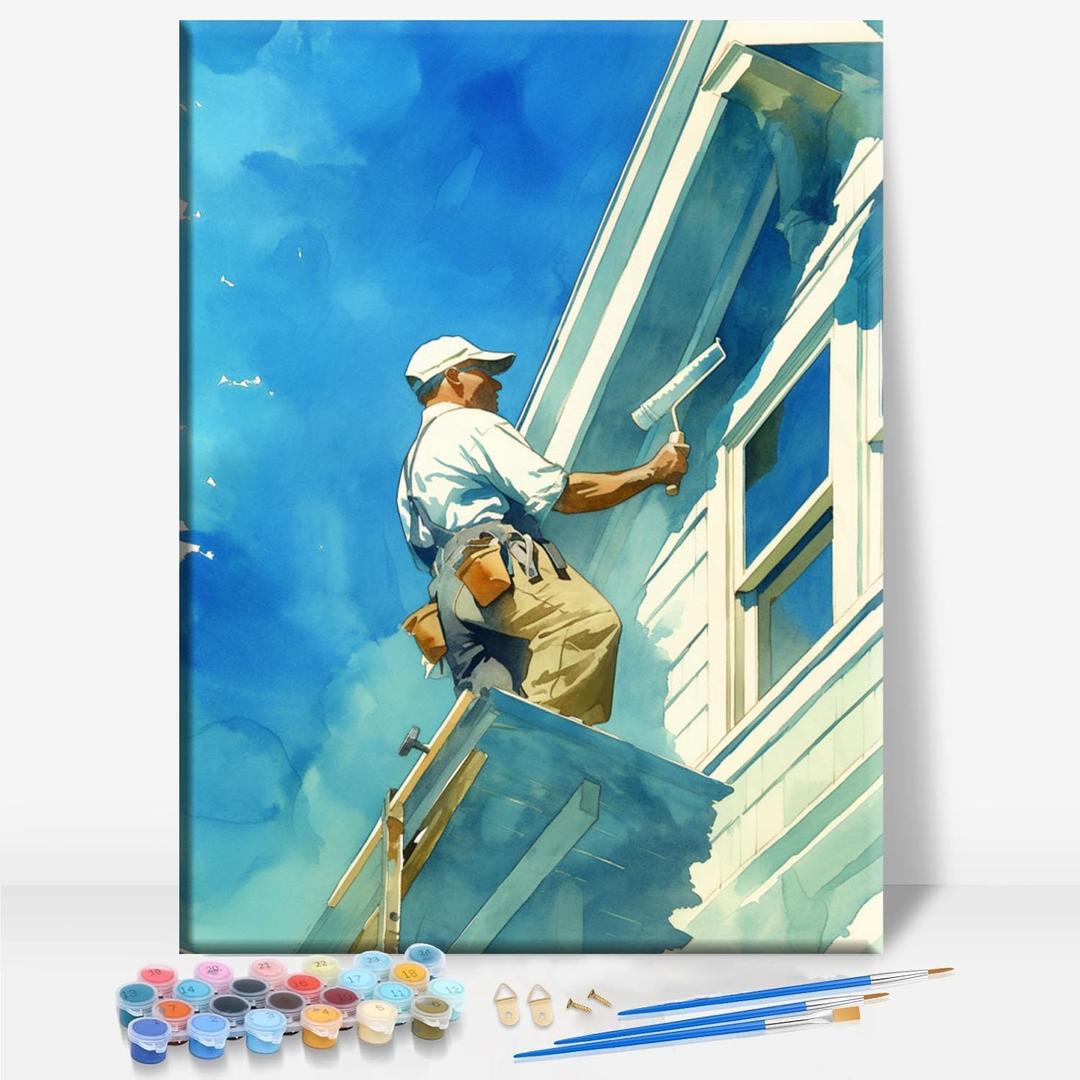 Aeontinity Painter Worker Mans House Painter Occupation Framed Canvas DIY Paint by Numbers Kit Bar Cafe Cave Home Room Wall Bathroom Porch Patio Decor Gift, 16 x 12 Inch