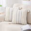 decorUhome Decorative Boho Throw Pillow Covers 20x20 Set of 2, Accent Neutral Textured Tufted Pillow Covers Striped for Couch Bed Sofa Living Room, Beige and Cream White