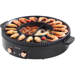 VEVOR Hot Pot with Grill, 1800W 2-in-1 Electric Smokeless Grill and Hot Pot, Korean BBQ Shabu Shabu Hotpot with Separate Dual Temperature Control, Non-stick Pan, for 2-8 People Family Dining
