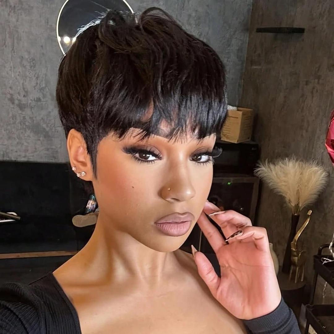 Besteffie Pixie Cut Wig Human Hair Short Straight Bob Wig for Black Women Brazilian Human Hair Full Machine Made Wigs for Daily Use (6 Inch)