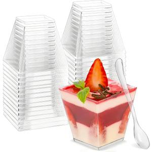 Zezzxu 100 x 2 oz Mini Dessert Cups with Spoons, Shooter - Clear Plastic Small Parfait Cups Reusable Shot Glasses for Tasting Party Desserts & Appetizers, Shrimp Cocktail Cups