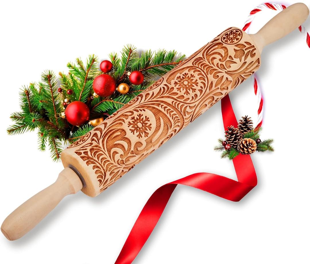 Christmas Gifts Wooden Embossed Rolling Pin for Baking, Stocking Stuffers Gifts for Women, Deep Engraved Embossing Rolling Pins with Snow Pattern Designs for Baking Cookies Stamps Roller DIY Tools