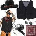 Vabean 6 Pcs Cowboy Costume Men Western Outfit Cowboy Vest Hat Necklace Belt Buckle Bandana Glasses for Halloween Cosplay (X-Large, Black)