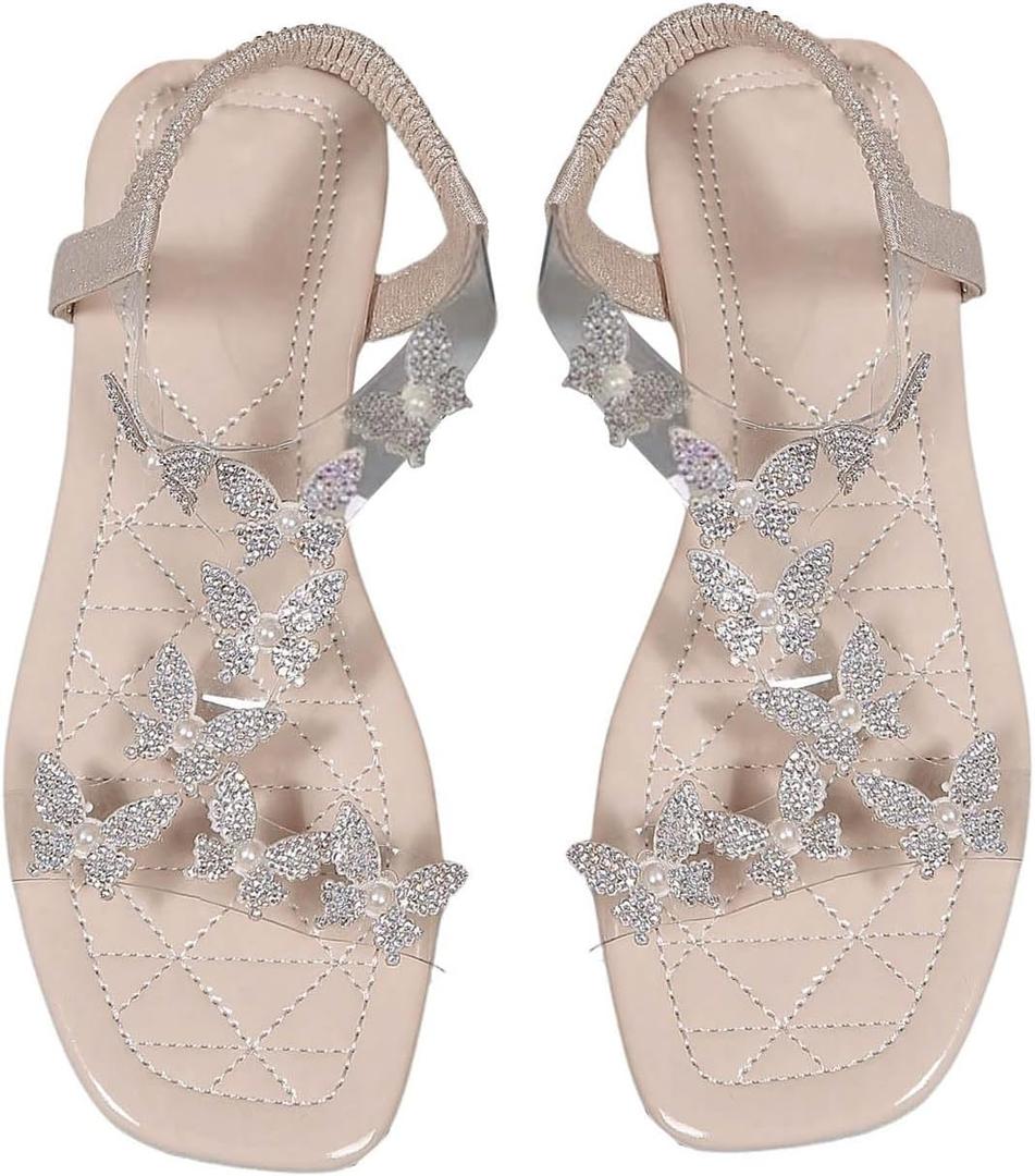 GORGLITTER Women's Butterfly Strappy Clear Glitter Ankle Sandals Dressy 2025 Cute Summer Wedding Bridal Flats Sandal (Beige), Size: 7.5