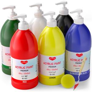 6 Colors Super Large Acrylic Paint Set (69 oz, 2040ml) Art Painting Bulk Supplies Non Toxic for Kid & Adult, Drawing on Multi Surface Canvas Fabric Rock Wood Ceramic, with Press Pump Paint