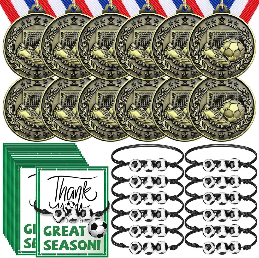 Huquary 12 Pcs Award Medals for Kids with 12 Pcs Sports Bracelets Team Participation Trophies with Red White Blue Striped Ribbon for Sports Game Party Favors Team Competition Trophy Prize