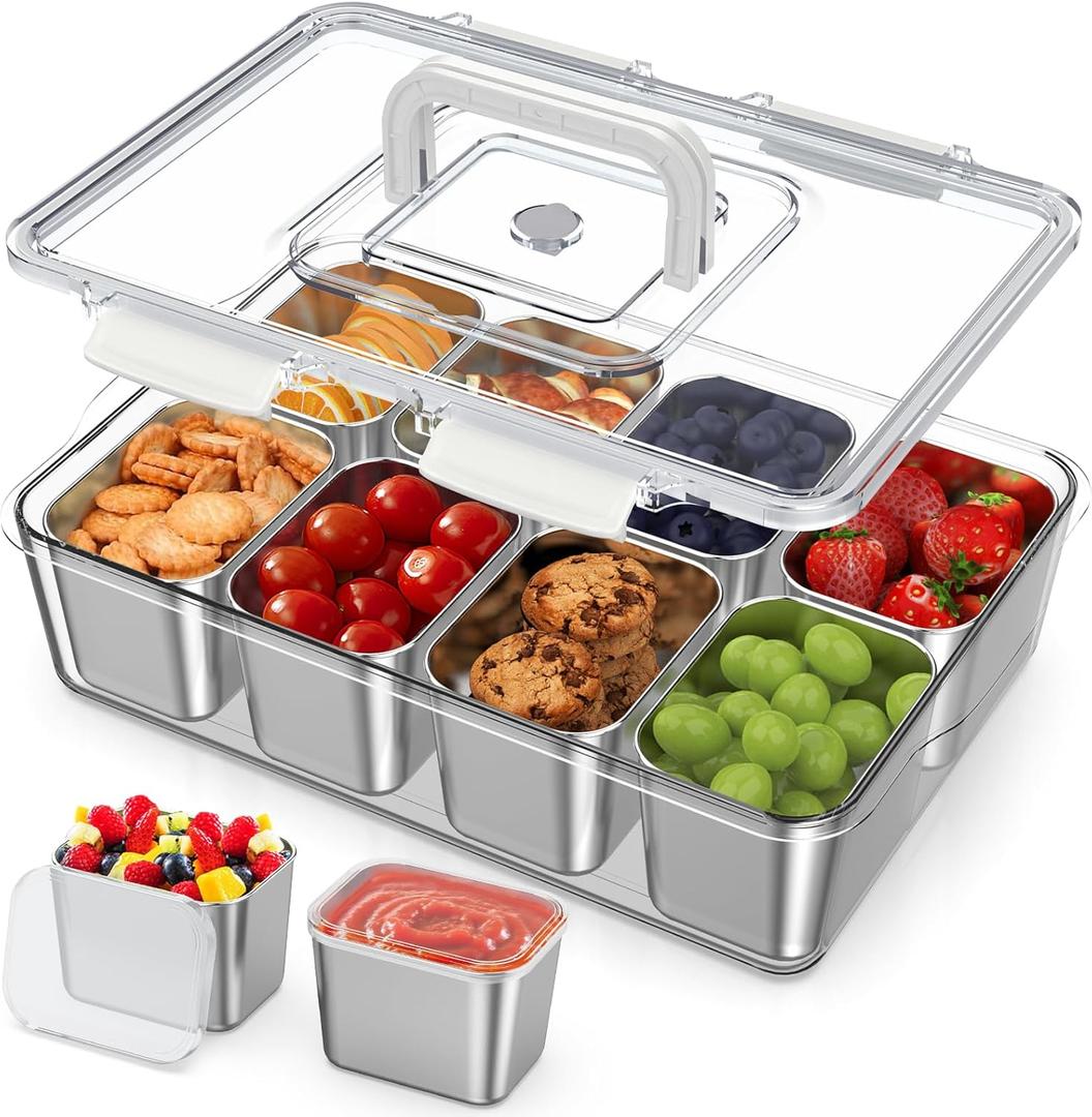 Snackle Box Container with 8 Removable Stainless Steel Containers Clear Divided Serving Snack Tray with Lid & Handle Leak-Proof for Wet/Dry Food Perfect for Parties, Travel, Office