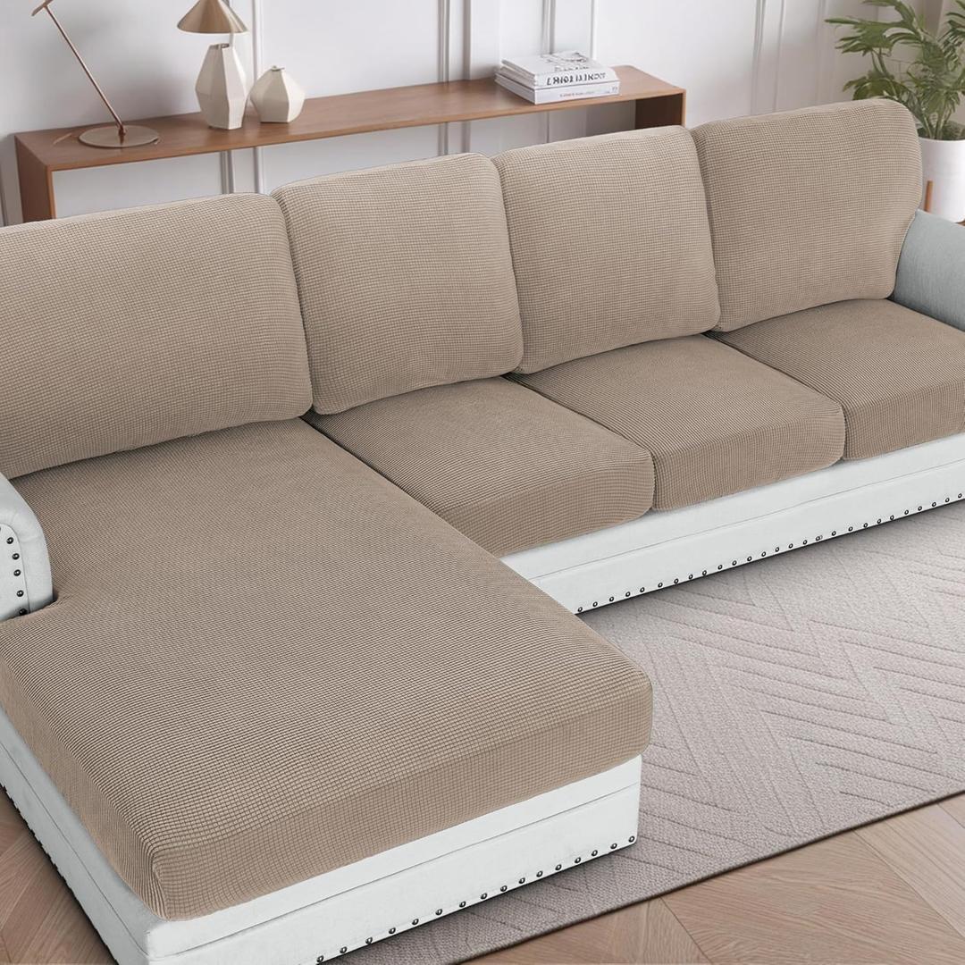 H.VERSAILTEX Sectional Couch Covers 8 Pieces Stretch Sofa Covers for Sectional Sofa Set Separate L Shaped Couch Cover for Both Left/Right Couch (Seat and Back: 1 Chaise + 3 Sofa, Sand)