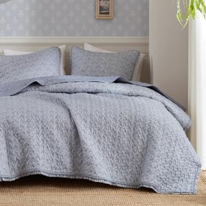 Madison Park Vintage Floral Quilt Set Queen Size, Reversible Bedding & Lightweight Bedspread Set, Traditional Block Print Coverlets with Ruffled Edge, 3-Piece with 2 Shams, Blue