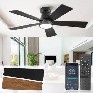 Ceiling Fans with Lights, 42 inch Low Profile Ceiling fan with Light and Remote, Flush Mount, 6 Speeds, Reversible DC Motor,5 Blades, Noiseless, Black Small Ceiling Fan for Bedroom, Indoor/Outdoor