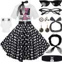 10Pcs Sock Hop Outfits Women, 1950s Poodle Skirts, T-Shirt with 50s Accessories Socks Scarf Headband Belt Earring, M