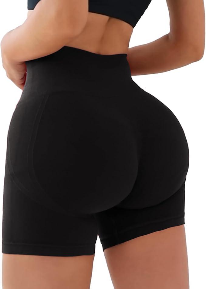 Shorts for Women Workout Yoga Gym Athletic Running Volleyball Tummy Control Compression with Pockets (US, Alpha, Large, Regular, Regular, Black)