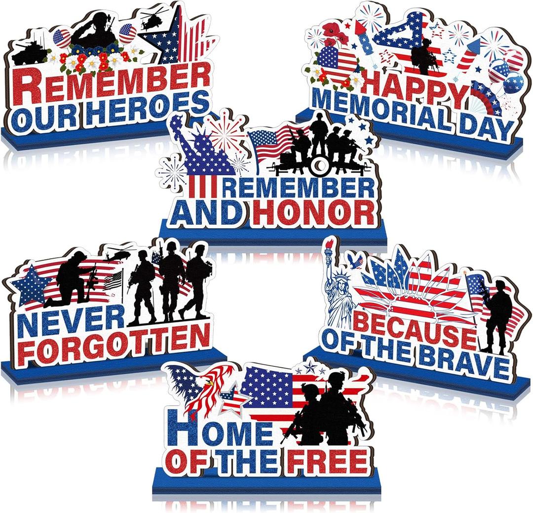 Wenqik 6 Pcs 4th of July Table Decor 250th Anniversary Patriotic Wooden Tabletop Decorations Rustic USA Star Wood Table Centerpiece for Independence Day Home Office Tiered Tray Decor