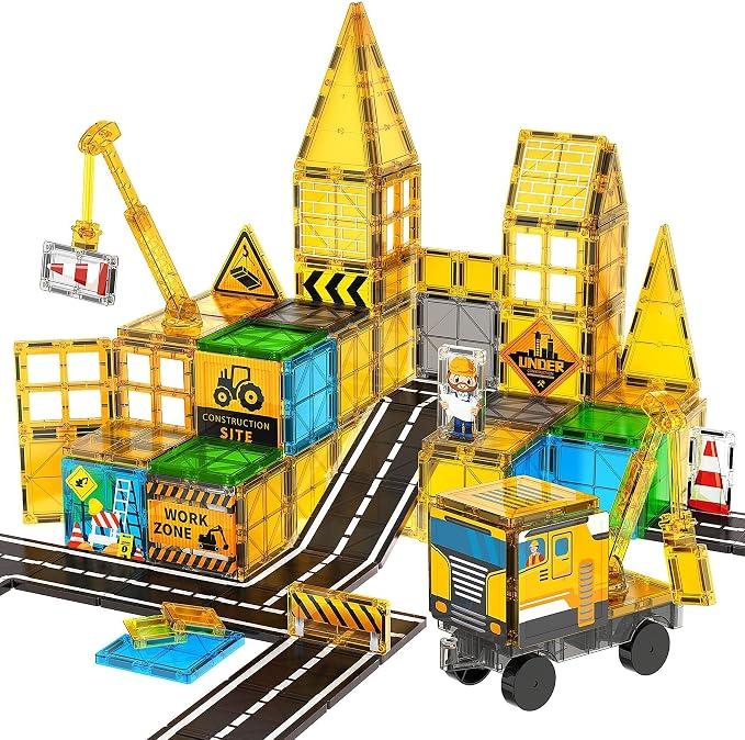 SKTMYY Magnetic Tiles for Kids, Construction Toys with Crane Road Truck
Magnets Building Blocks, Ages 3-5 4-8, Montessori Preschool Educational, STEM Toy, Birthday Gift for 3+ Years Old Boys