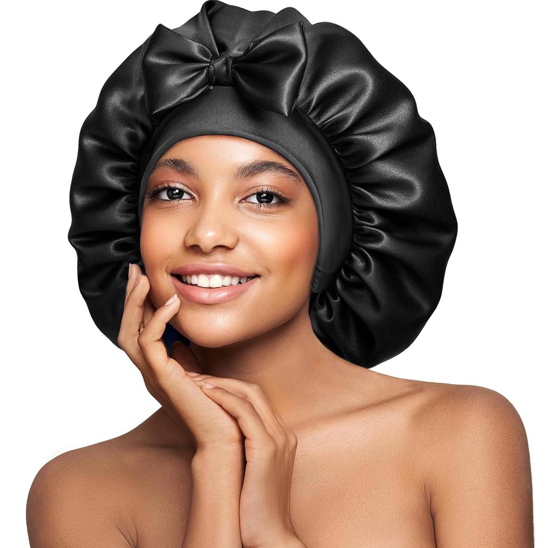 Double-Sided 22 Momme 100% Real Mulberry Silk Bonnet for Sleeping Women, Large Hair Care Bonnet for Long Curly Hair, Double Layer Silk Wrap with Soft Elastic Band, Non-Slip Sleep Cap, Jet Black (Ebony)