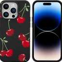 JOYLAND Fresh Cherry Pattern Phone Case for iPhone 16 Pro,Kawaii Fruit Printed Black Liquid Silicone Case Soft Shockproof Protection Shell with Soft Microfiber Lining for Girls Women
