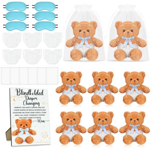 ACMEE 25 Pack Baby Shower Games Blindfold Diaper Changing Kit - 12 Inch Bear Dolls with Diapers, Fun Bridal Shower & Gender Reveal Games Supplies, Group Activity for Adults Kids(Blue)