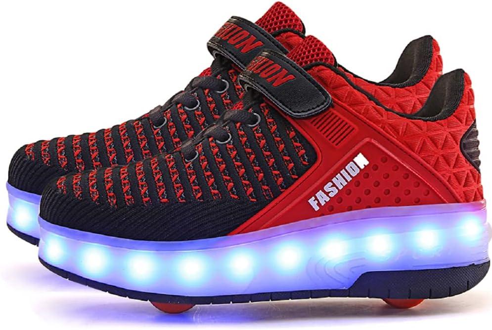 Aikuass USB Chargable LED Light Up Roller Shoes Wheeled Skate Sneaker Shoes for Boys Girls Kids (3.5 Big Kid, 1- Black Red- Double Wheels)