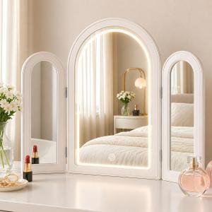 Trifold Vanity Mirror with LED Lights 30"Hx37"W, 3 Way Large Makeup Mirror for Tabletop or Wall Mount, Arched Decorative Cosmetic Mirror, Countertop Mirror, Smart Touch, 3 Colors Dimmable, Wood Frame