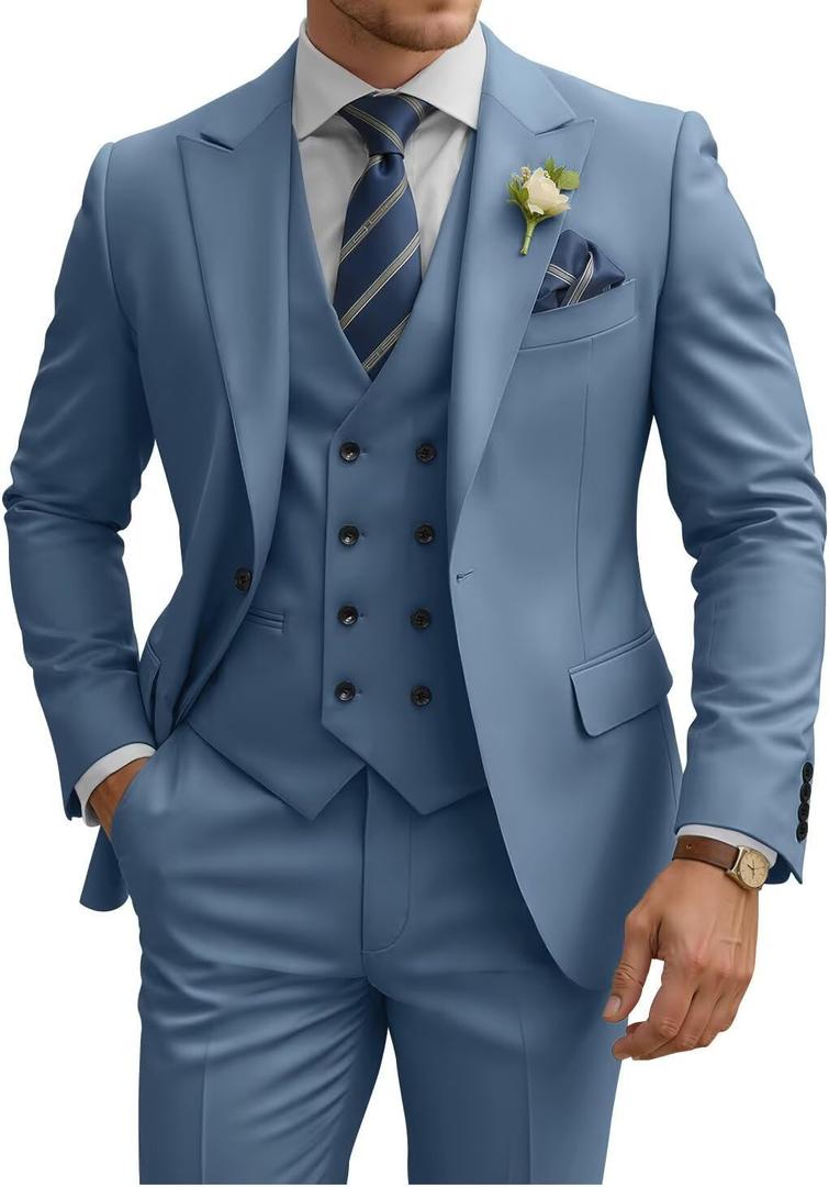 Mens Suit 3 Piece Slim Fit Suits for Men Double Breasted Suit Wedding Prom Suits Formal Business Dinner Tuxedo (Dusty Blue, XXL)