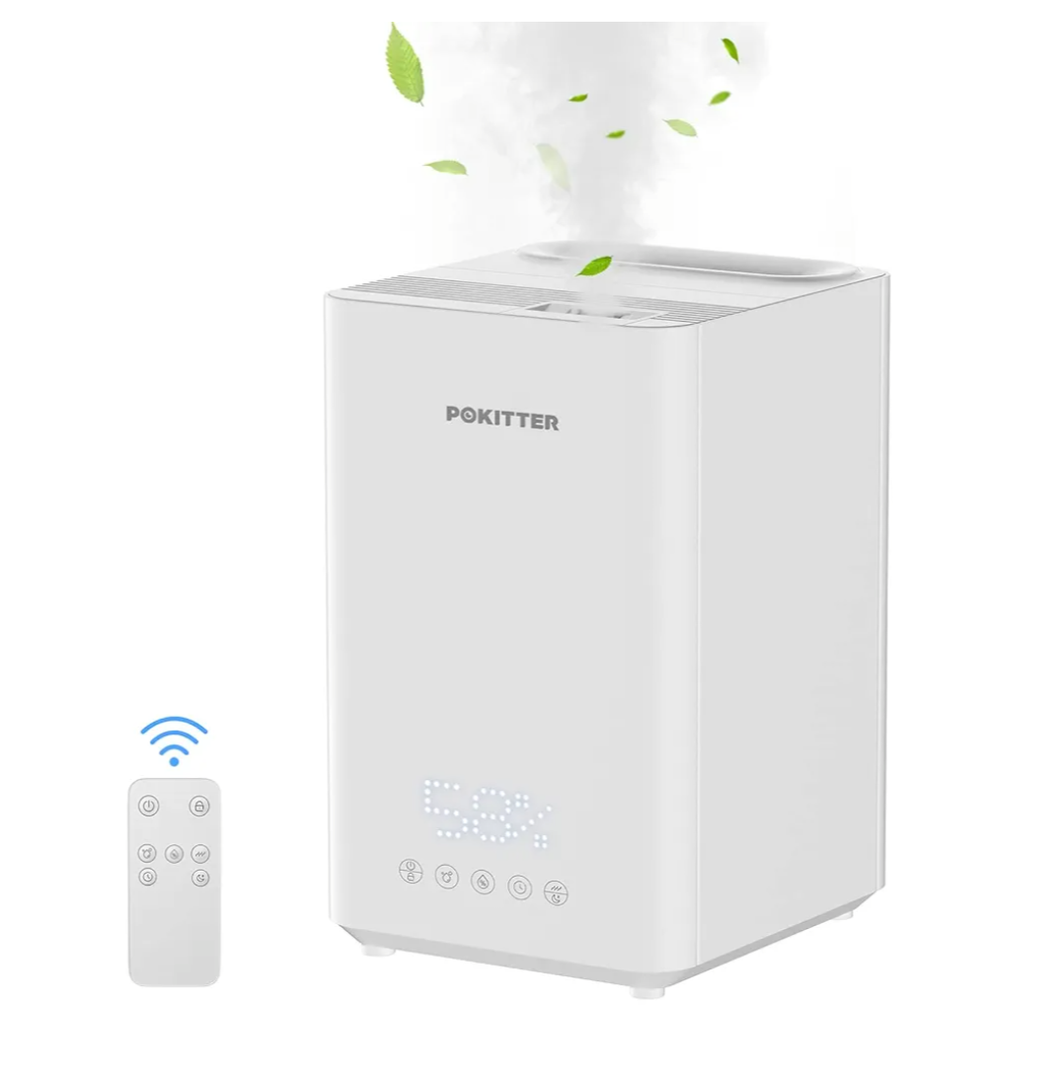 Pokitter Humidifiers for Large Room Home, 5L Warm and Cool Mist Top Fill Essential Oil Diffuser for Baby and Plants, Rapid Humidification, Quiet Sleep Mode - White