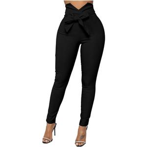 XXTAXN Women's Casual High Waist Stretch Trousers Solid Pencil Pants with Tie (S)