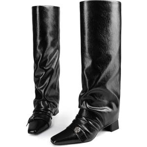 Knee High Boots for Women Square Toe Chunky Heel Fold Over Slouchy Boots Wide Calf Comfortable Tall Boots (11, Black)