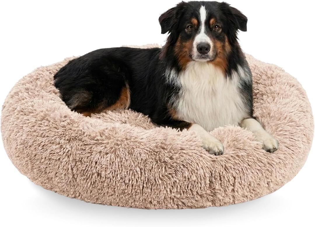 Active Pets Calming Plush Dog Bed Donut Joint Support Anxiety Relief Washable Pet Bed with Removable Cover for Dogs Cats, Large 36", Beige