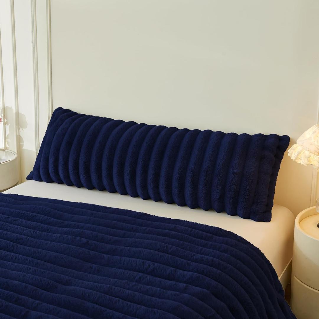 MEGO Fluffy Faux Rabbit Fur Body Pillow Cover, Luxury Plush Fuzzy Striped 20x54 Bed Body Pillowcase, Shaggy Furry Ribbed Bedroom Long Pillow Case with Zipper for Pregnant Women Side Sleeper, Navy Blue