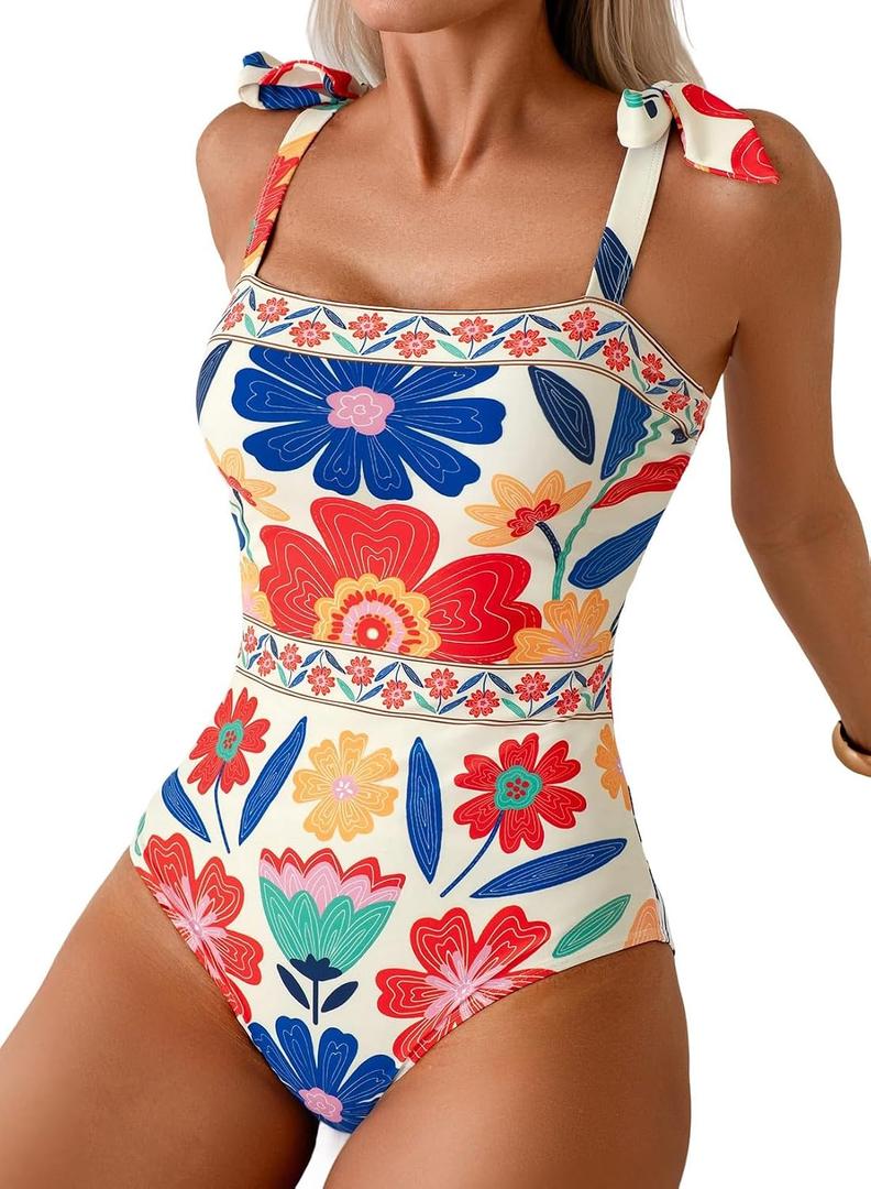One Piece Swimsuit Women Tie Knot Tummy Control Bathing Suit | Modest Slimming Swimwear, Boho Shapewear Beachwear, Summer Beach Vacation Essentials, Cruise, Pool, Breathable, Khaki, Large
