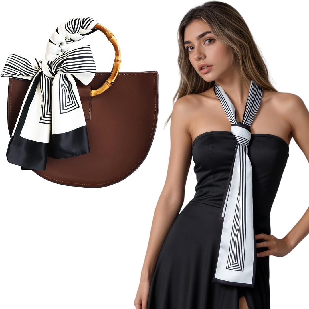 Silk-Like Skinny Scarf for Bag Purse Handbag, Hair Scarf Headband for Women | Hair ribbon and long thin scarf that ties onto luggage, hats and bag handle, doubling as a neck tie or purse accessories (Gray)