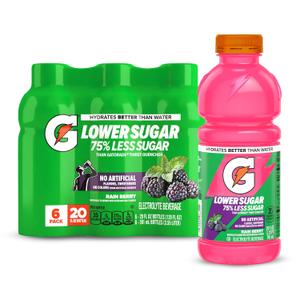 Gatorade Lower Sugar Electrolyte Sports Drink, Rain Berry, 20 fl oz Bottles, (6 Pack), 75% Less Sugar, No Artificial Flavors, No Artificial Sweeteners, No Artificial Colors, Hydration (EXP 08/20/26)
