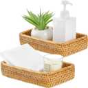 2 Pack Rattan Bathroom Vanity Tray 10 x 6 x 2 Inches Wicker Toilet Tank Topper Basket for Bathroom Kitchen Toilet Tank Vanity Countertop Table Shelf