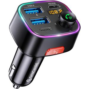 Syncwire Bluetooth 5.4 FM Transmitter Car Adapter 48W (PD 36W & 12W) [Light Switch] [HiFi Bass Sound] [Fast Charging] Wireless Radio Music Adapter LED Display Hands-Free Calling Support USB Drive (Black)