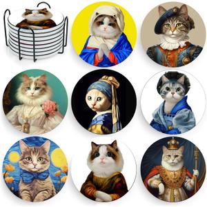 Puraikcmi Cat Lover Coasters Set of 8 with Holder, Ceramic, Multicolor, Funny Cat Designs, Drink Coasters for Table, Office, Desk, Bar, Gift