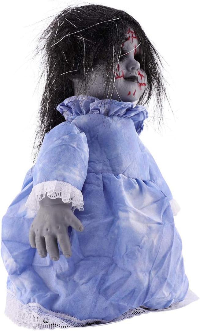 TOYANDONA Outdoor Decor 1Pcs Halloween Scary Doll, Sound- Activated Walking Doll Halloween Glowing Creepy for Haunted House Decor (Without Battery) Haunted (Black+blue)