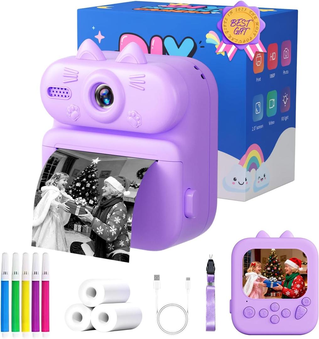 Kids Camera Instant Print: Gleeglee 1080P Instant Print Camera for Kids - 32G SD Card - Lanyard - Christmas Birthday Gifts for Girls Boys - Portable Toy for 3 4 5 6 7 8 9 10 Years Old, Purple Cat