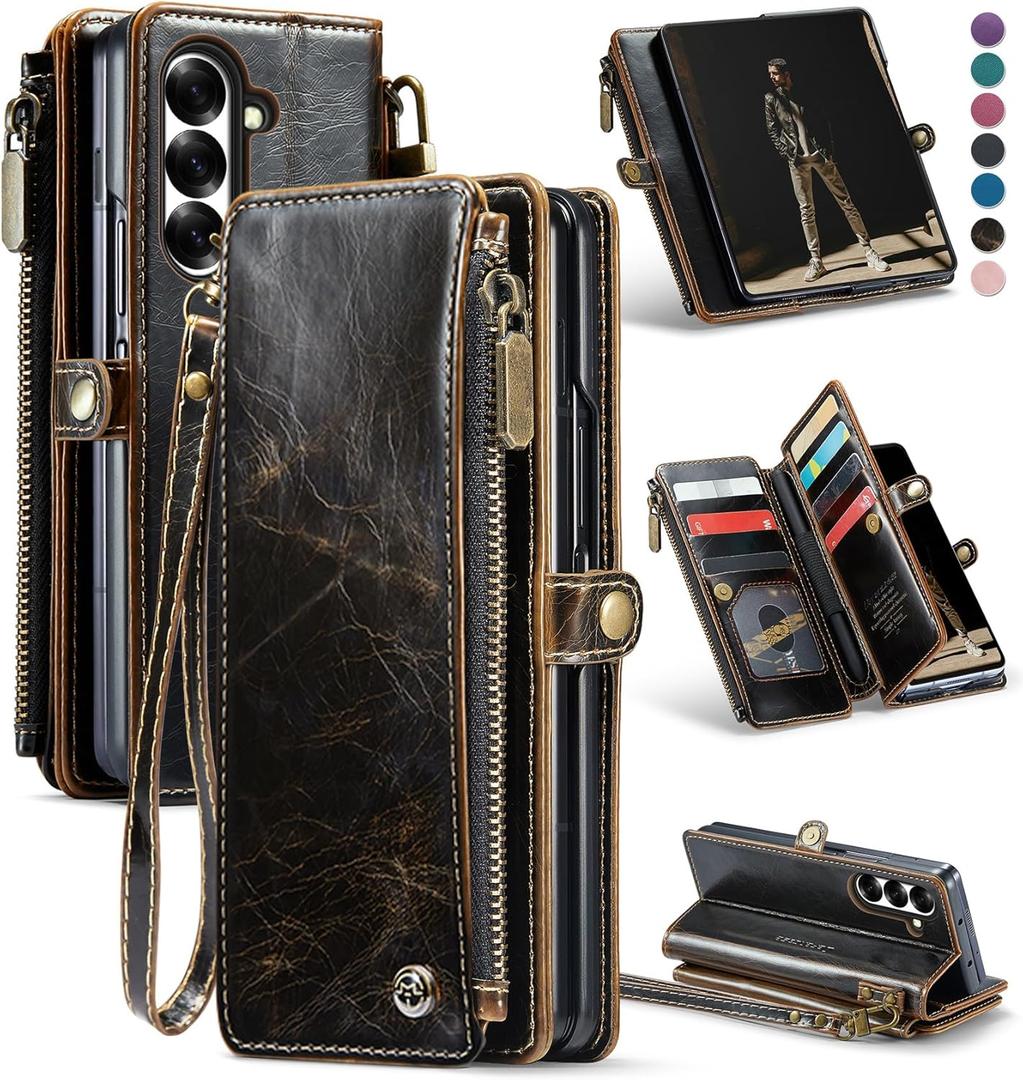 Defencase for Samsung Galaxy Z Fold 7/ Fold7 Wallet Case with RFID Blocking 10-Card Holder, Fashion Soft PU Leather Magnetic Snap Flip Zipper Wrist Strap Phone Case for Galaxy Z Fold 7 5G, Coffee