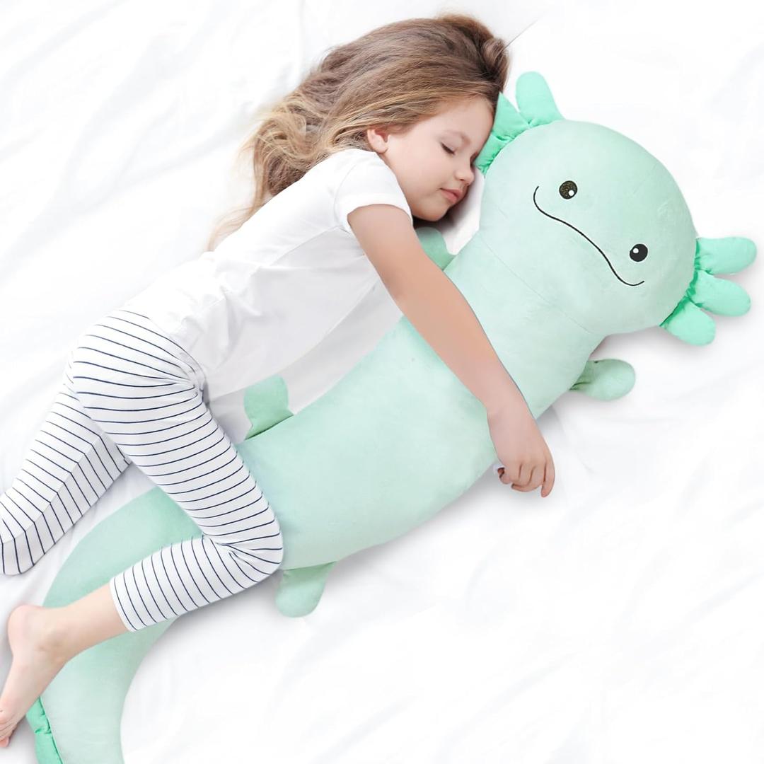 48 inch Giant Axolotl Plush Stuffed Animal, Big Light Green Axolotl Glow in The Dark Fluorescent Plushies, Jumbo Stuffy Body Pillow Gifts for Kids Adults, Birthday, Halloween, Christmas