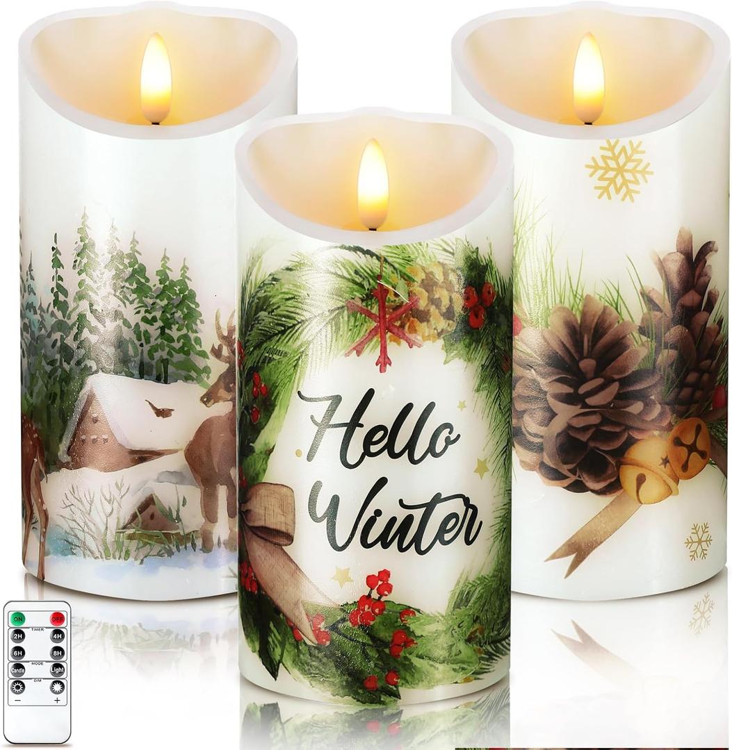 ROCEEI 3 Pcs Winter Forest Candles Battery Operated LED Candles Winter Forest Style Pillar Flickering Real Wax Decorations for Indoor Holiday Party Table Decor