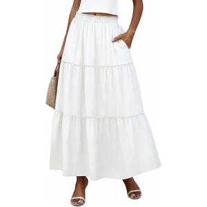 Bellcoco Long Skirts for Women Maxi Spring Summer Swing Tiered A-Line Elastic High Waist Boho Flowy Skirts with Pockets White Large