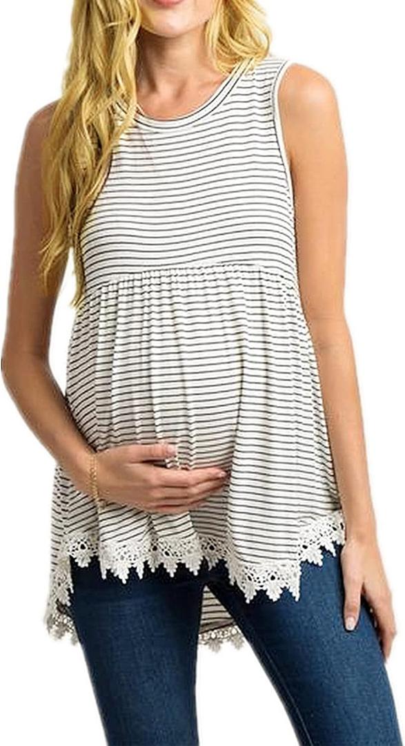 Xpenyo Womens Maternity Tank Top Sleeveless Lace Crochet Trim Peplum Cami Shirts (White Pinstripe, XL)