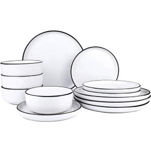 12 Pieces Ceramic Dinnerware set,Plates and Bowls Sets for 4,White Dinnerware Set for Kitchen, Modern Design Plate Sets with Black Rim, Microwave and Dishwasher Safe