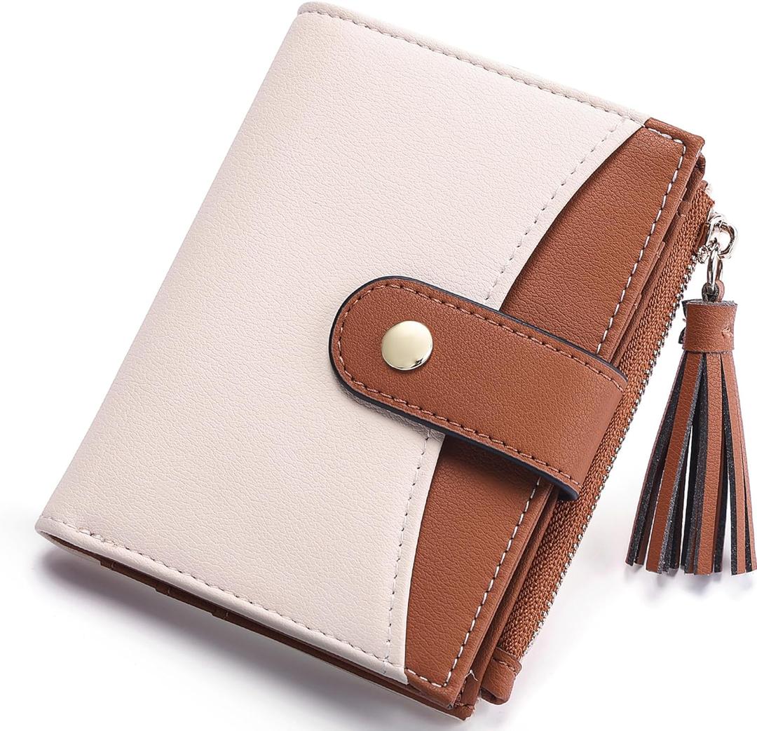 Small Wallet for Women RFID Blocking Tassle Bifold Slim Thin Leather Wallet Credit Card Holder Wallet Ladies Mini Wallet with Widened Zipper Pocket (1Beige&Brown)